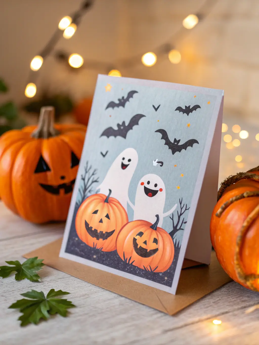 A digital image of a virtual card with a Halloween theme, featuring friendly ghosts, pumpkins, and bats, designed to bring spooky fun to children.