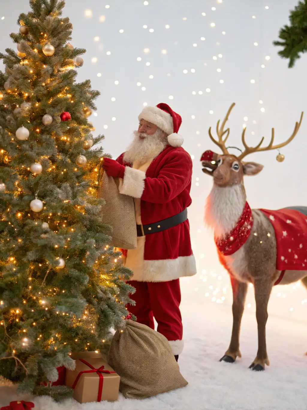 A digital image of a virtual card with a Christmas theme, featuring Santa Claus, reindeer, and a decorated Christmas tree, designed to bring holiday cheer to children.