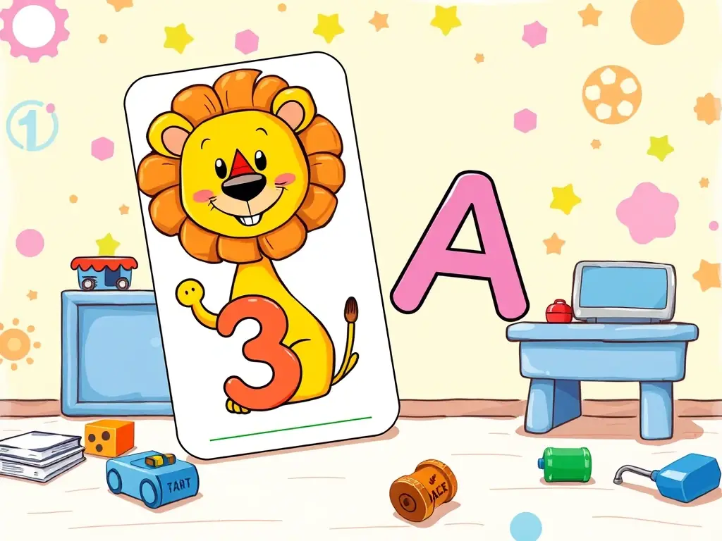 An engaging virtual educational card featuring colorful illustrations of animals, numbers, and letters, designed to stimulate learning and creativity in children.