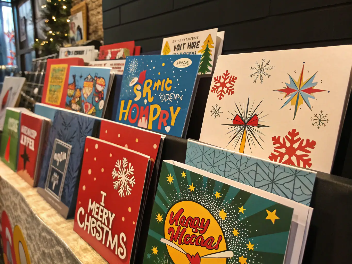 A vibrant holiday-themed virtual card with cheerful characters and festive decorations, representing the creative holiday card category.