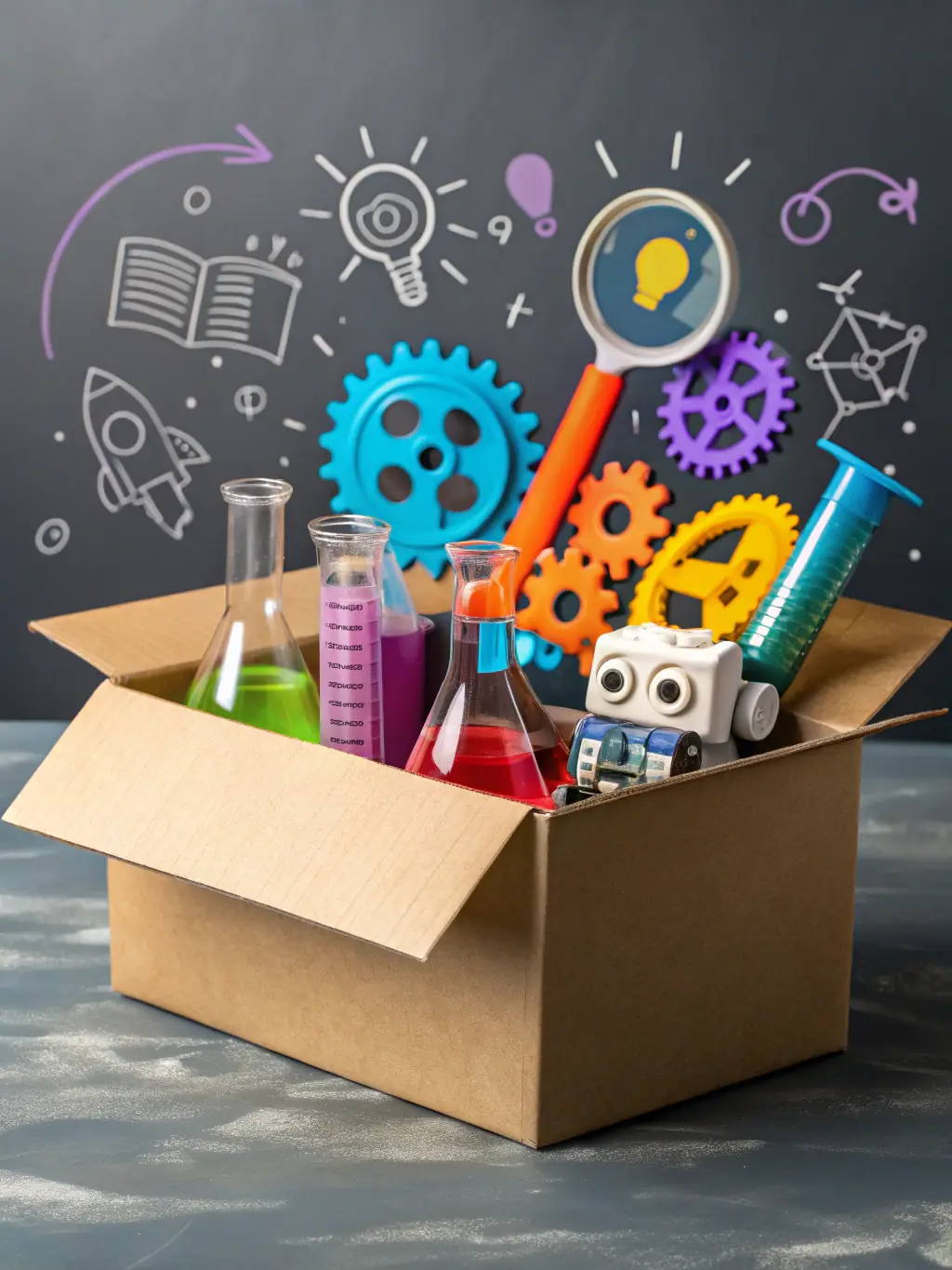 A digital image of an educational virtual card featuring a science theme, with beakers, atoms, and a cartoon scientist, designed to engage children in learning.