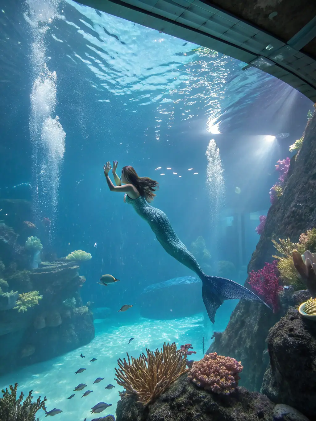 A virtual card showcasing a beautifully illustrated underwater scene with colorful fish, coral reefs, and a hidden treasure chest, suitable for educational purposes.