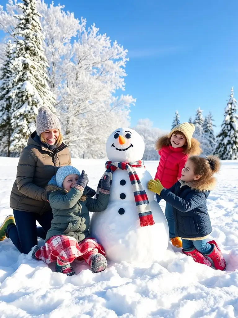 A festive virtual card featuring a cheerful snowman building a snowman with snowflakes falling gently, ideal for winter holidays.