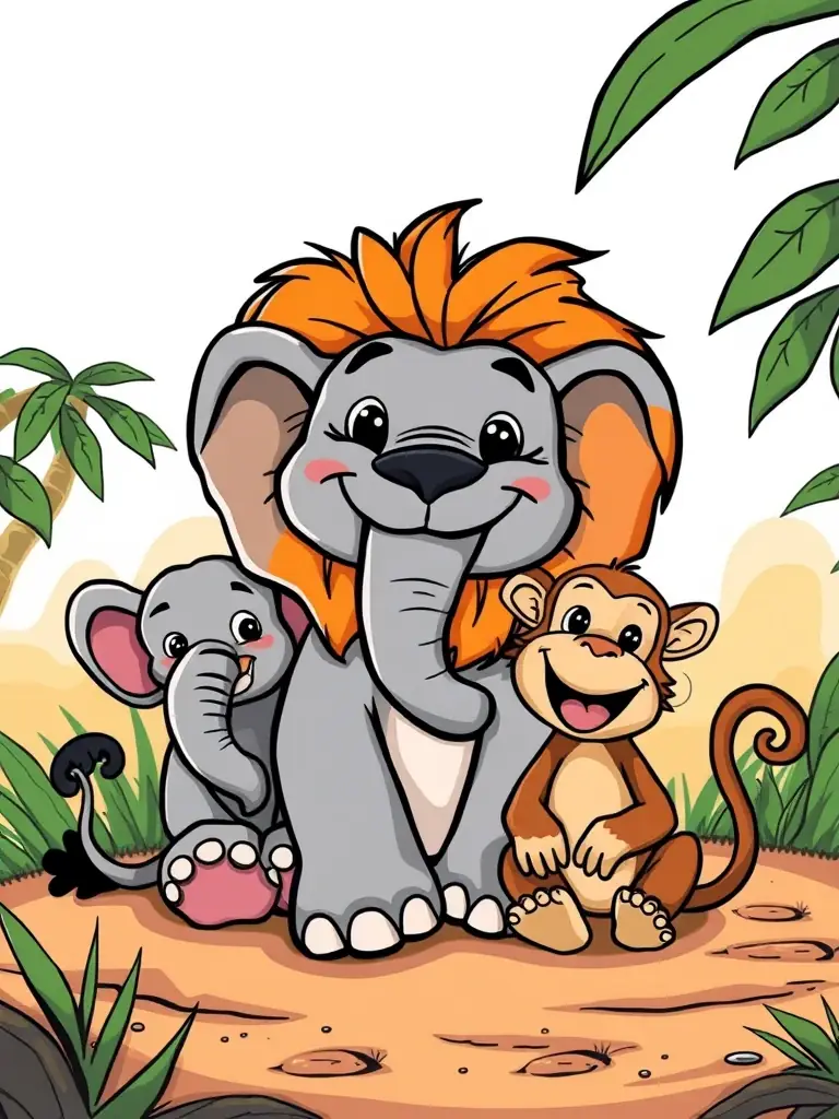 A colorful virtual card depicting a group of friendly animals celebrating a birthday with balloons and cake, ideal for young children.