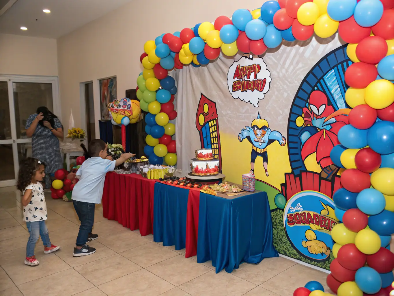 A vibrant and colorful virtual birthday card featuring balloons, presents, and a cheerful 'Happy Birthday' message, designed for children.
